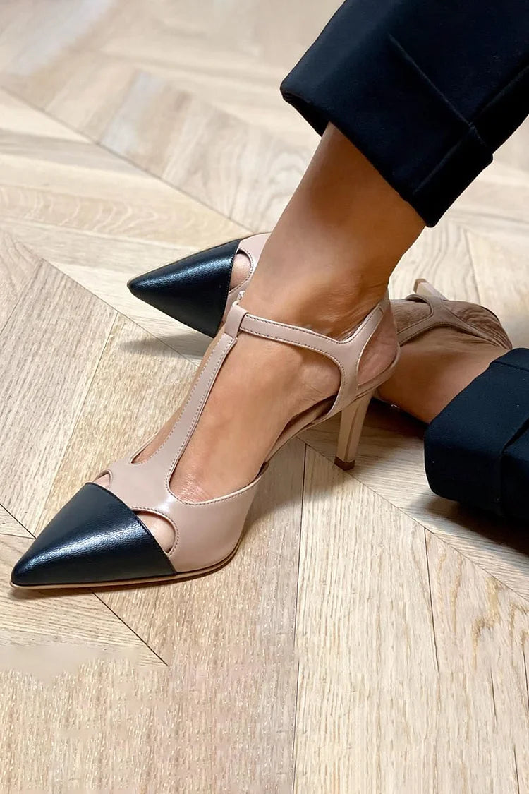 Two-tone pointed-toe heeled sandal, beige upper with black toe cap and ankle strap