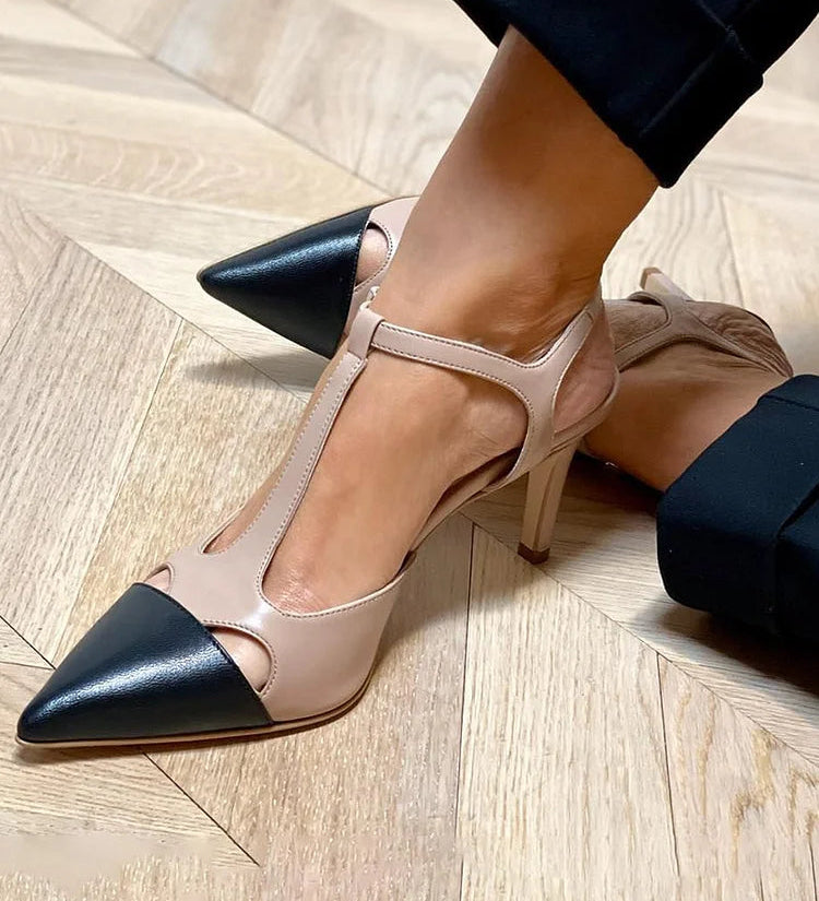 Two-tone pointed-toe heeled sandal, beige upper with black toe cap and ankle strap