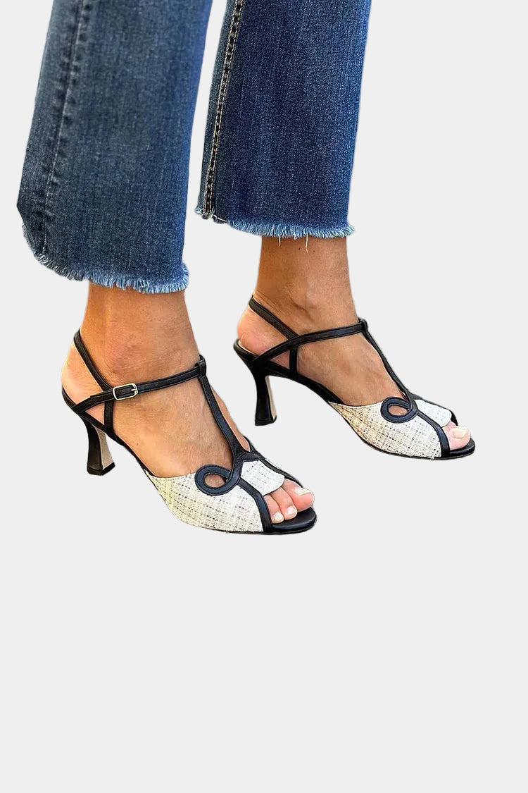 Lara medium-heel strappy sandals, black with woven peep-toe, buckle ankle strap