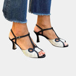 Lara medium-heel strappy sandals, black with woven peep-toe, buckle ankle strap