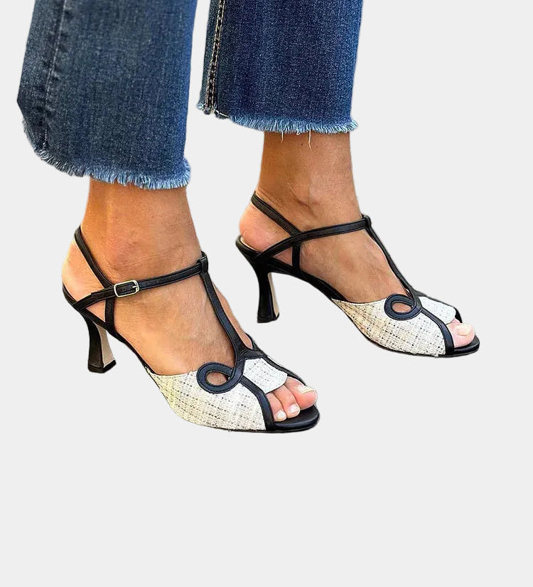 Lara medium-heel strappy sandals, black with woven peep-toe, buckle ankle strap