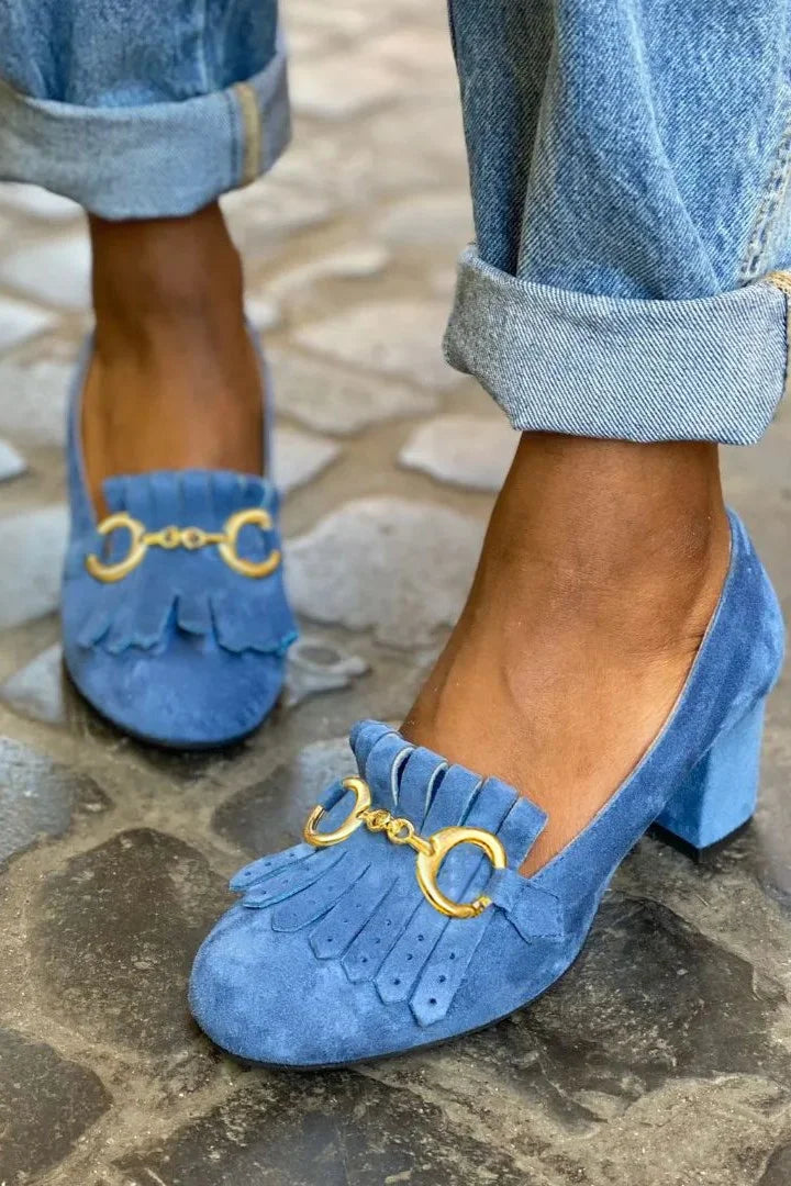 Blue suede heeled clog with gold-tone buckle detail and block heel