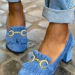 Blue suede heeled clog with gold-tone buckle detail and block heel
