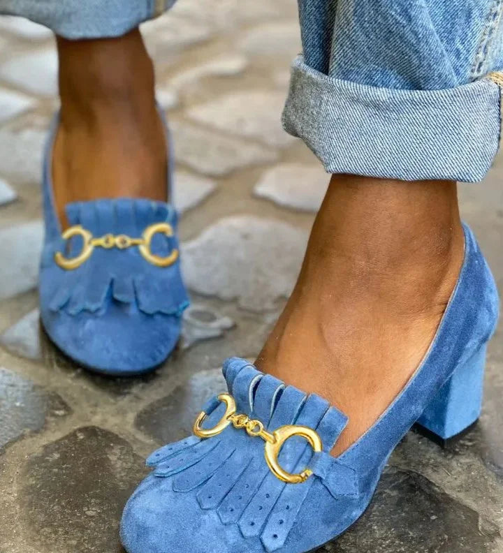 Blue suede heeled clog with gold-tone buckle detail and block heel