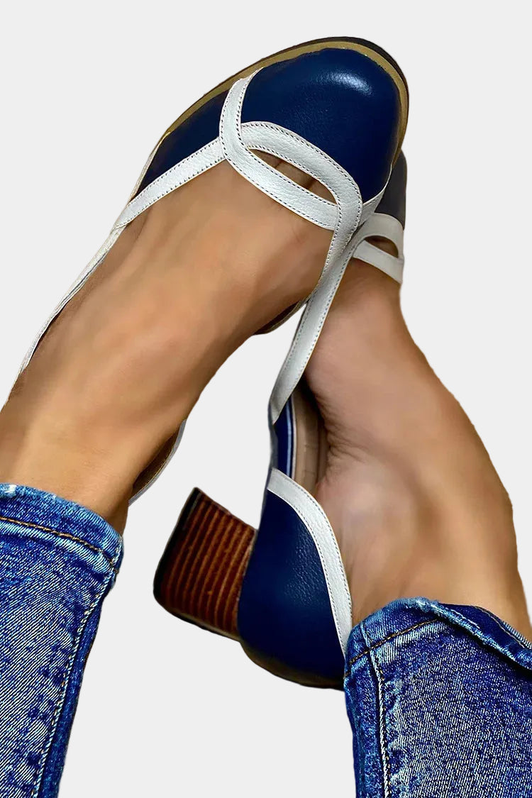 Navy open-toe sandals with white crisscross straps