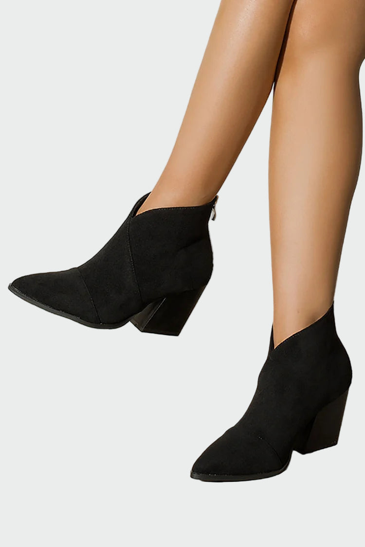 Black pointed-toe ankle boots with block heel and side pull tabs