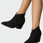 Black pointed-toe ankle boots with block heel and side pull tabs