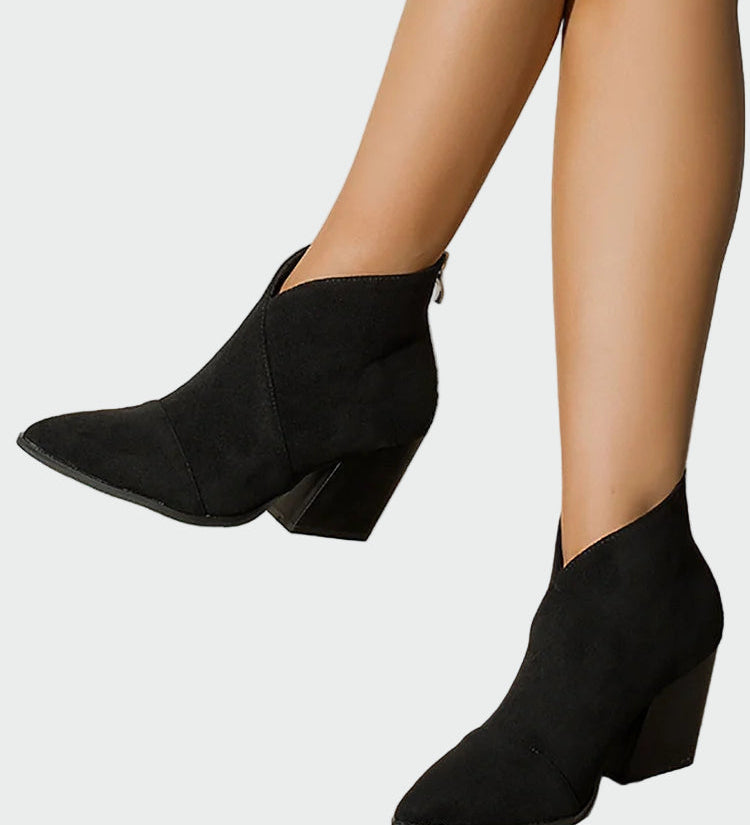 Black pointed-toe ankle boots with block heel and side pull tabs
