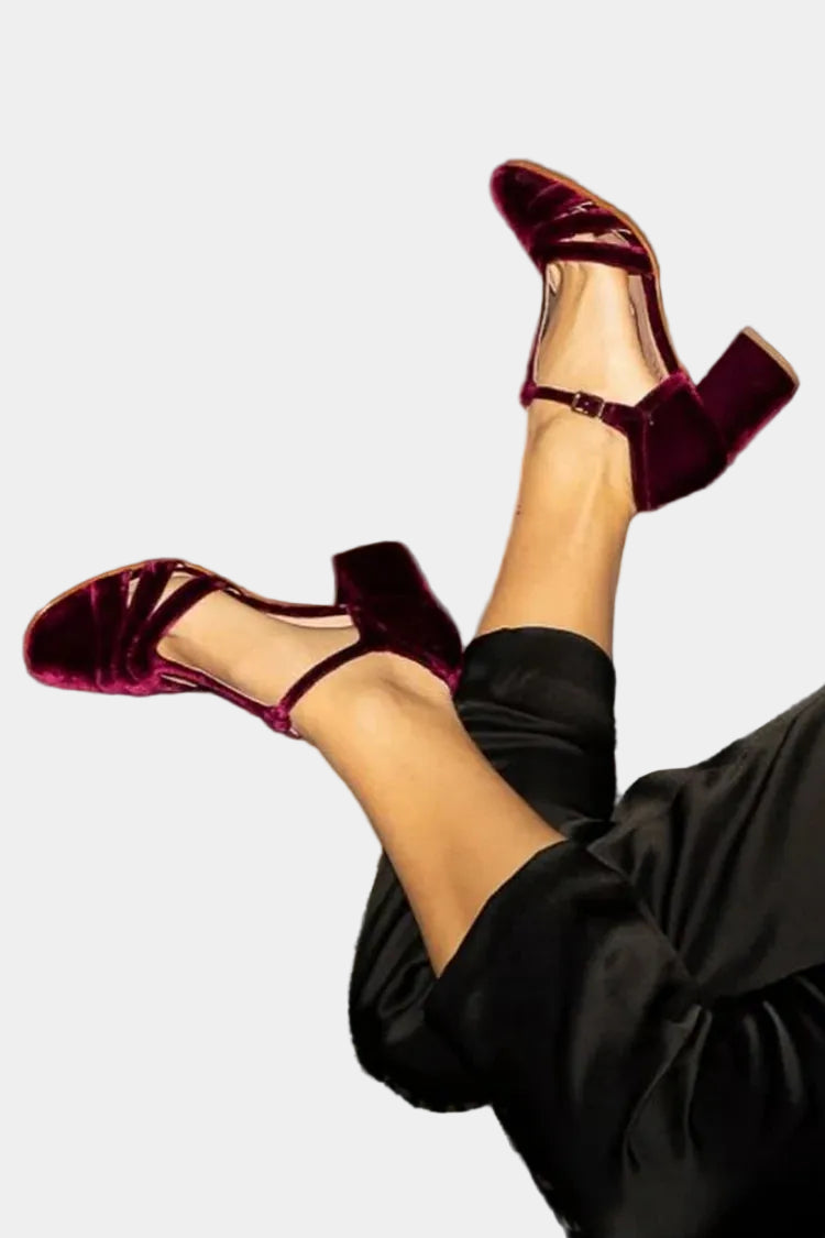 Burgundy velvet T-strap heeled sandal with ankle strap and bow detail