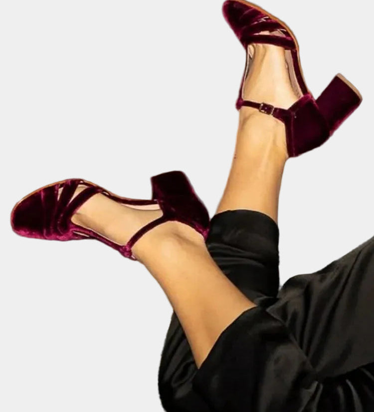 Burgundy velvet T-strap heeled sandal with ankle strap and bow detail