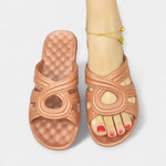 Summer vacation platform sandals, rose gold slide with circular cutout strap