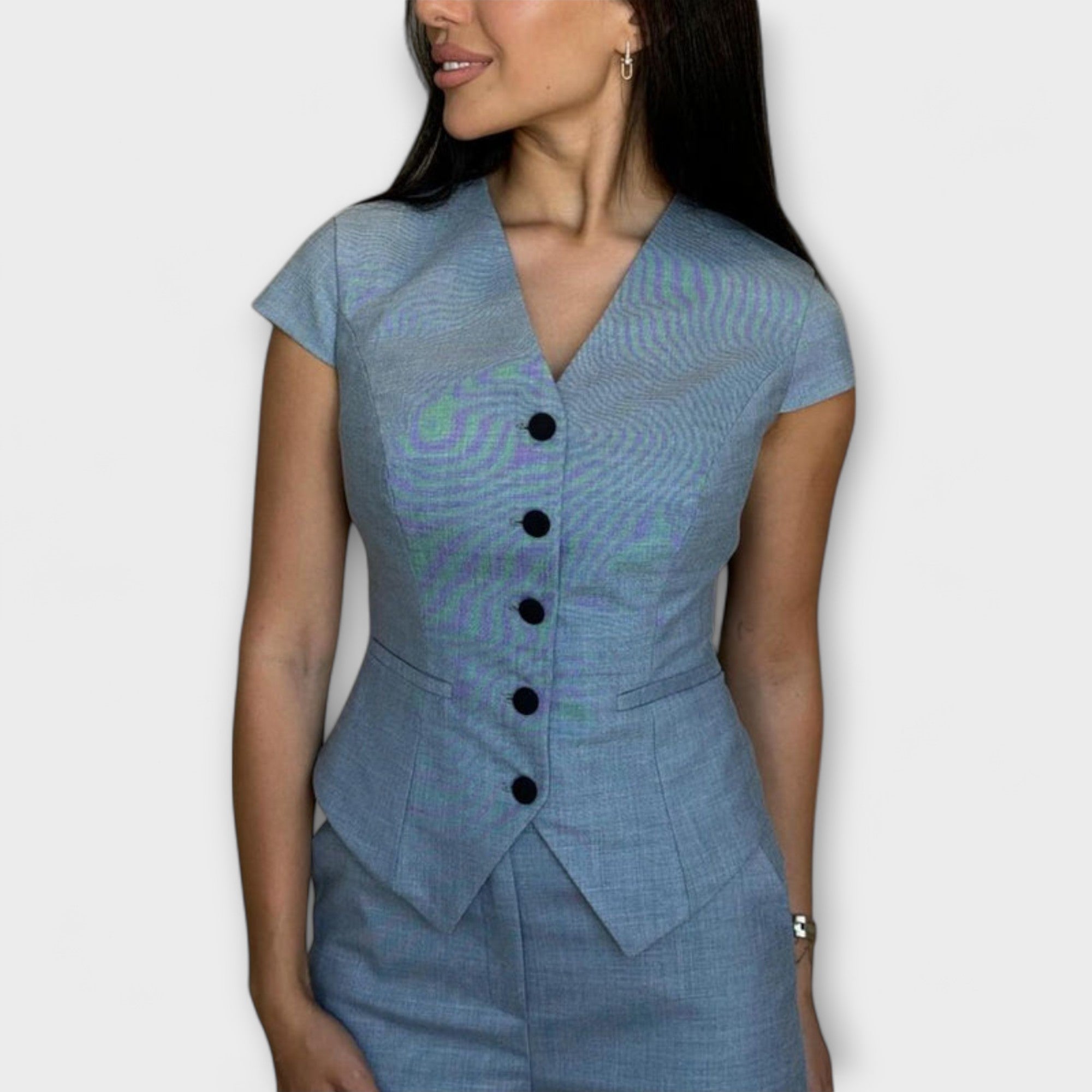 Blue V-neck button-front short-sleeve top and matching pants set, front close-up
