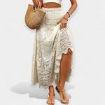 Cream crochet lace midi skirt with scalloped hem and side slit detail