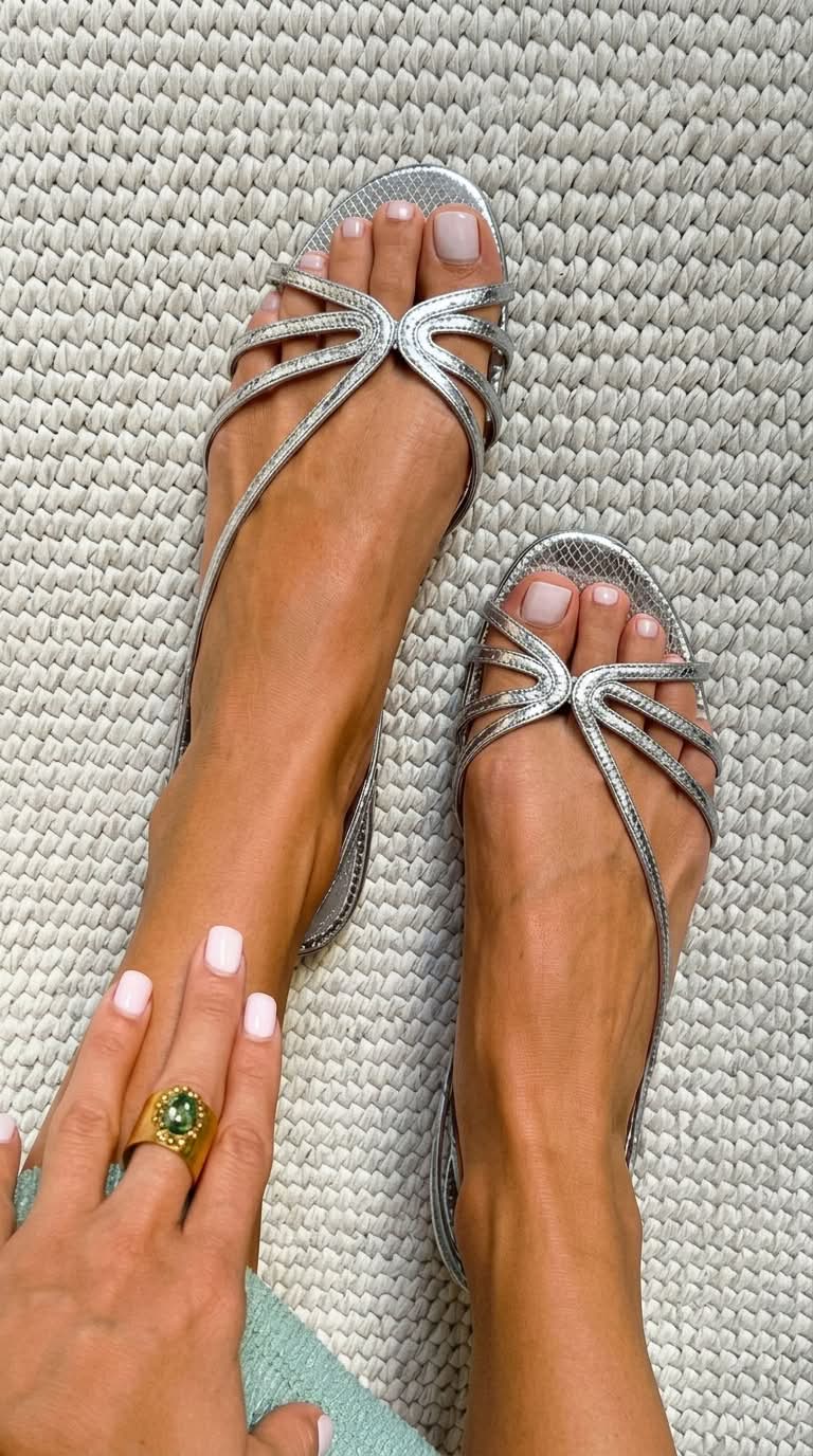 Metallic silver strappy flat sandals with bow-like accent at toe