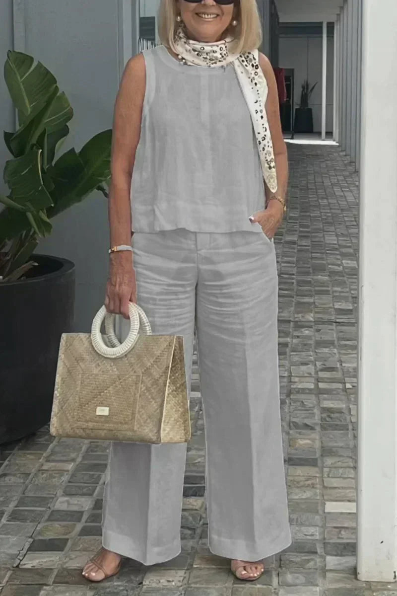 Light gray sleeveless cotton-linen top with wide-leg pants