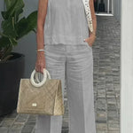 Light gray sleeveless cotton-linen top with wide-leg pants