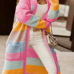 Noemi pastel striped long cardigan, pink with orange, teal, and blue horizontal blocks
