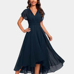 Catalina V-neck midi dress in dark navy with flutter sleeves and layered skirt