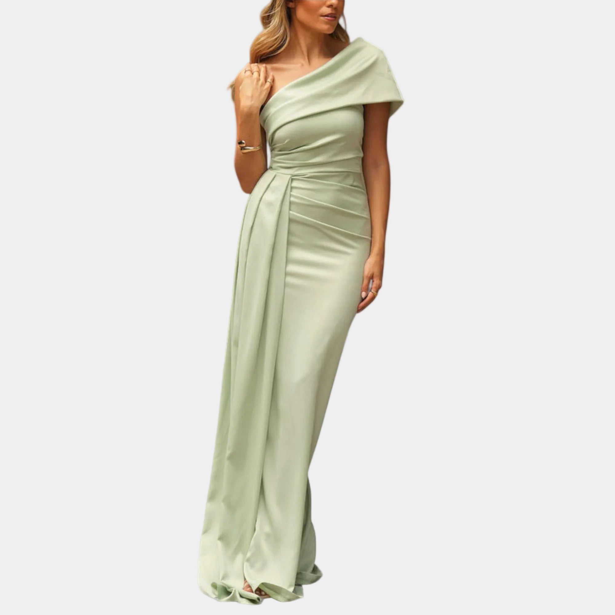 Light sage one-shoulder fitted maxi dress with draped waist and cap sleeves