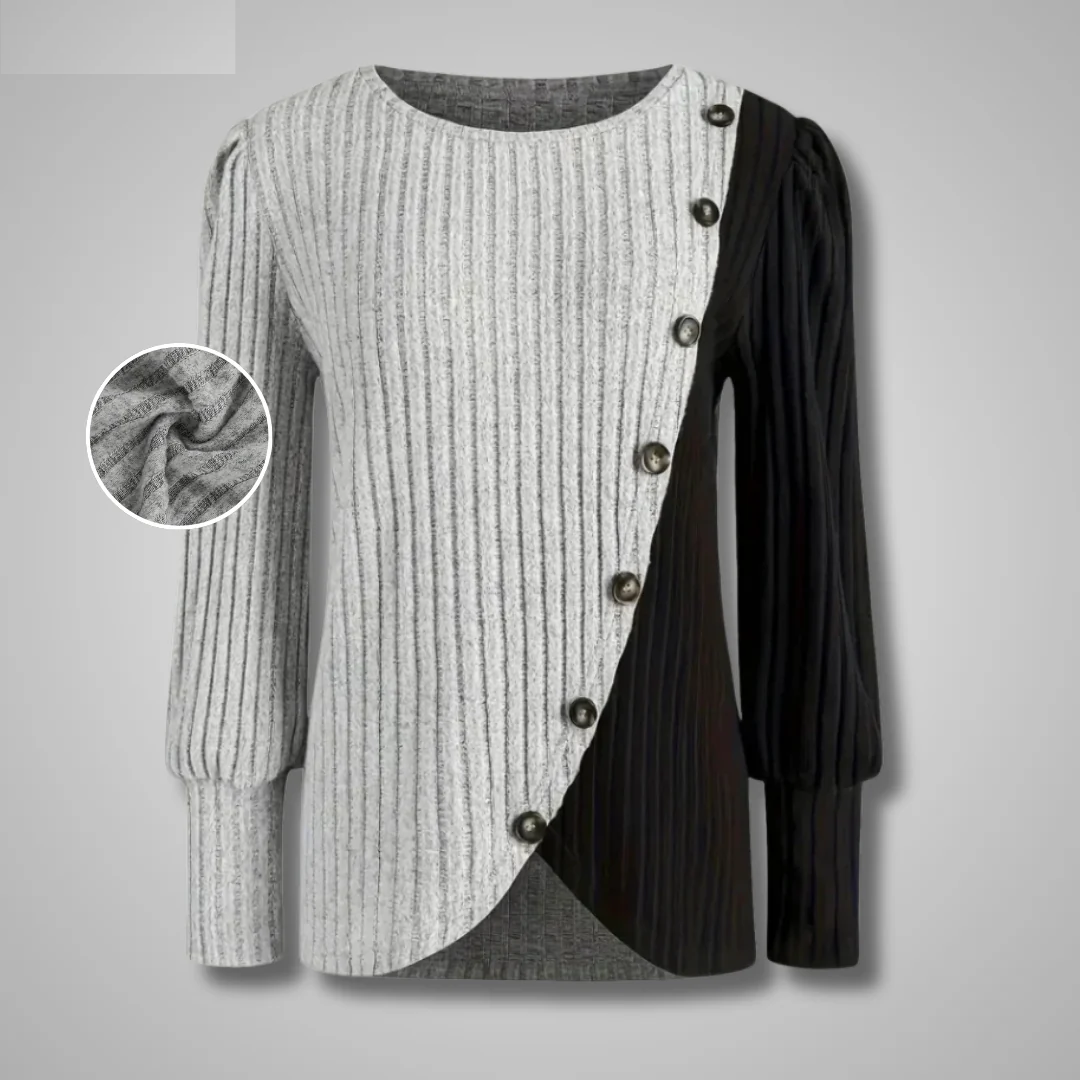 Ivory ribbed knit top with long sleeves, button-front, with dark striped accent