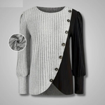 Ivory ribbed knit top with long sleeves, button-front, with dark striped accent