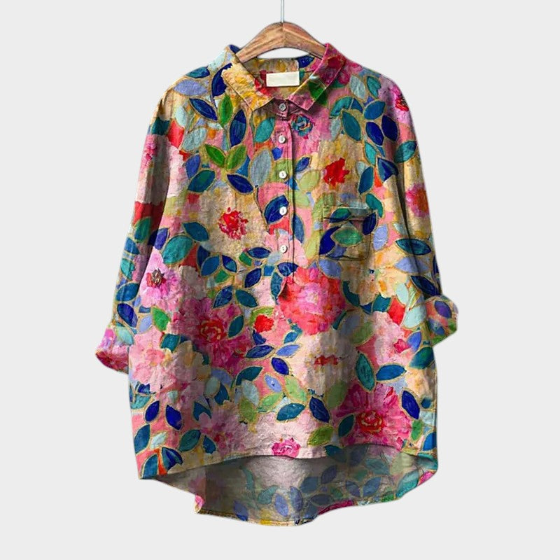 Printed long-sleeve button-up blouse, multicolor floral leaf pattern