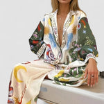 Isabella two-piece luxury set: multicolor printed V-neck button-front shirt & pants