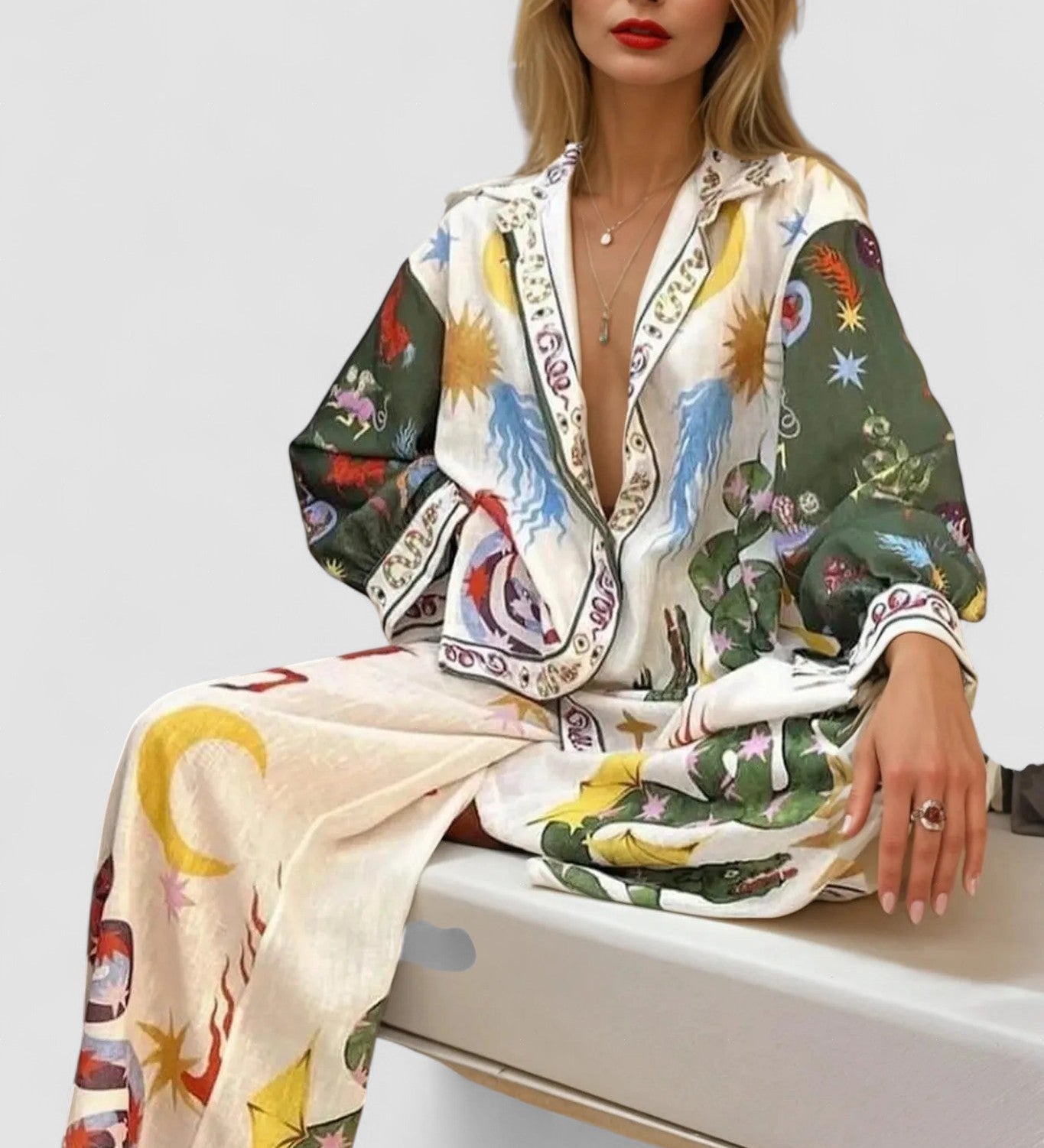 Isabella two-piece luxury set: multicolor printed V-neck button-front shirt & pants