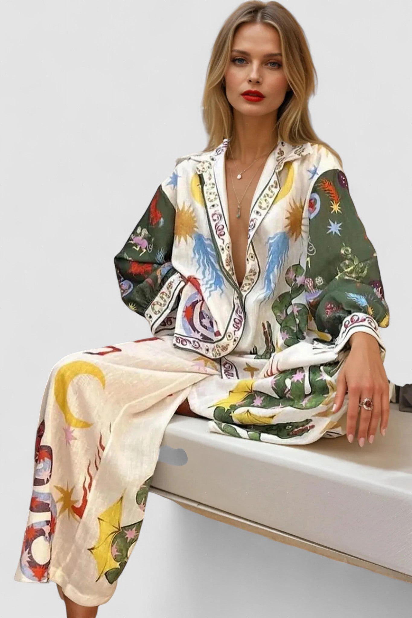 Isabella two-piece luxury set: multicolor printed V-neck button-front shirt & pants