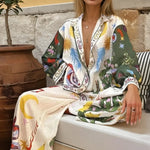 Two-piece set: multicolor animal and floral print, V-neck long-sleeve top & pants