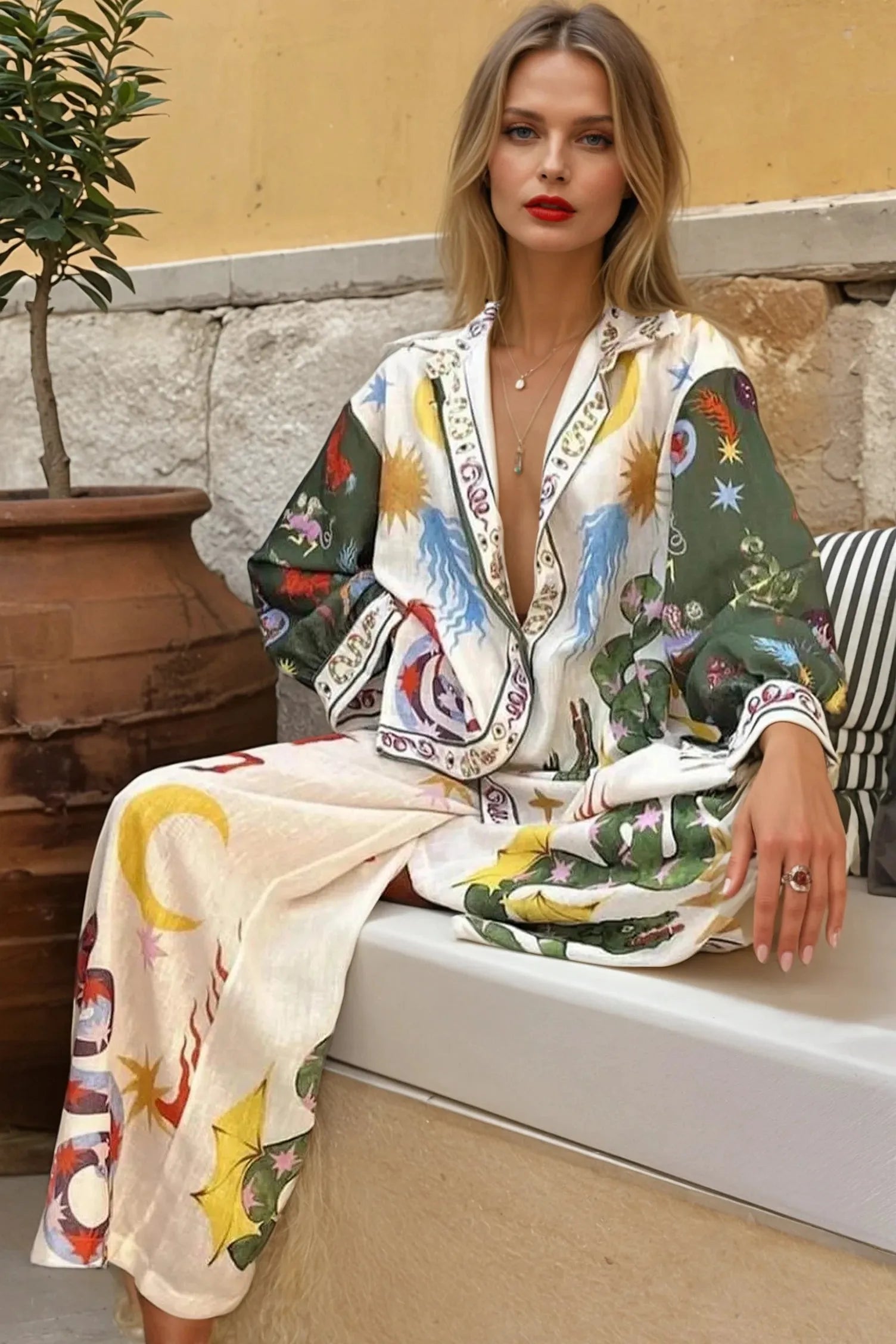 Two-piece set: multicolor animal and floral print, V-neck long-sleeve top & pants