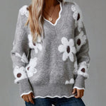 Gray V-neck floral pullover sweater with scalloped trim and long sleeves