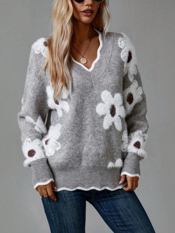 Gray V-neck floral pullover sweater with scalloped trim and long sleeves