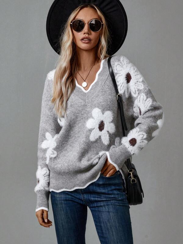 Gray floral V-neck sweater with white and dark-centered flowers, long sleeves