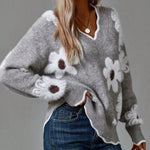 Gray floral V-neck sweater with fuzzy knit flowers and long sleeves