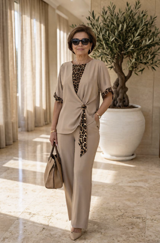 Beige two-piece pantsuit with V-neck top, leopard-print tie detail and matching pants