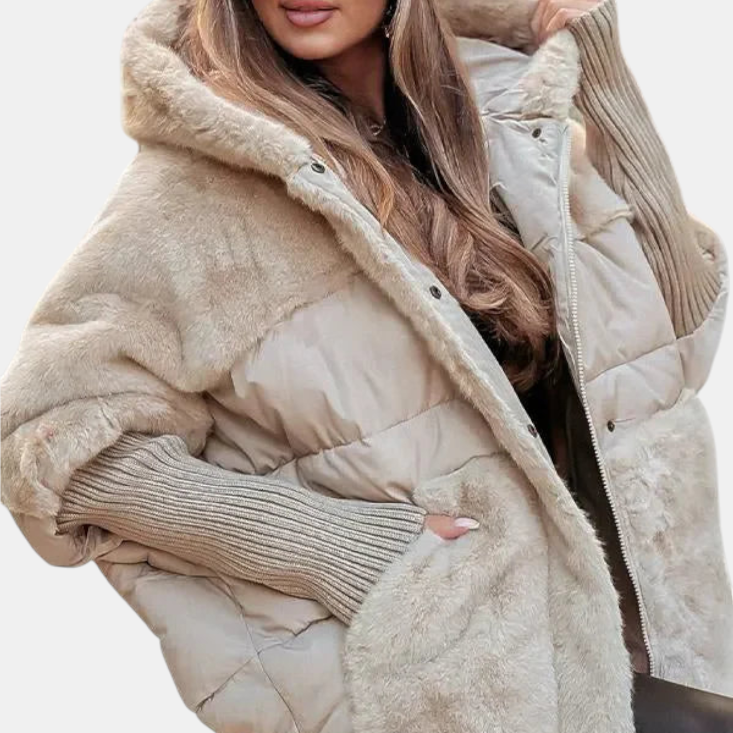 Beige hooded puffer jacket with faux-fur collar and quilted body, zip front visible