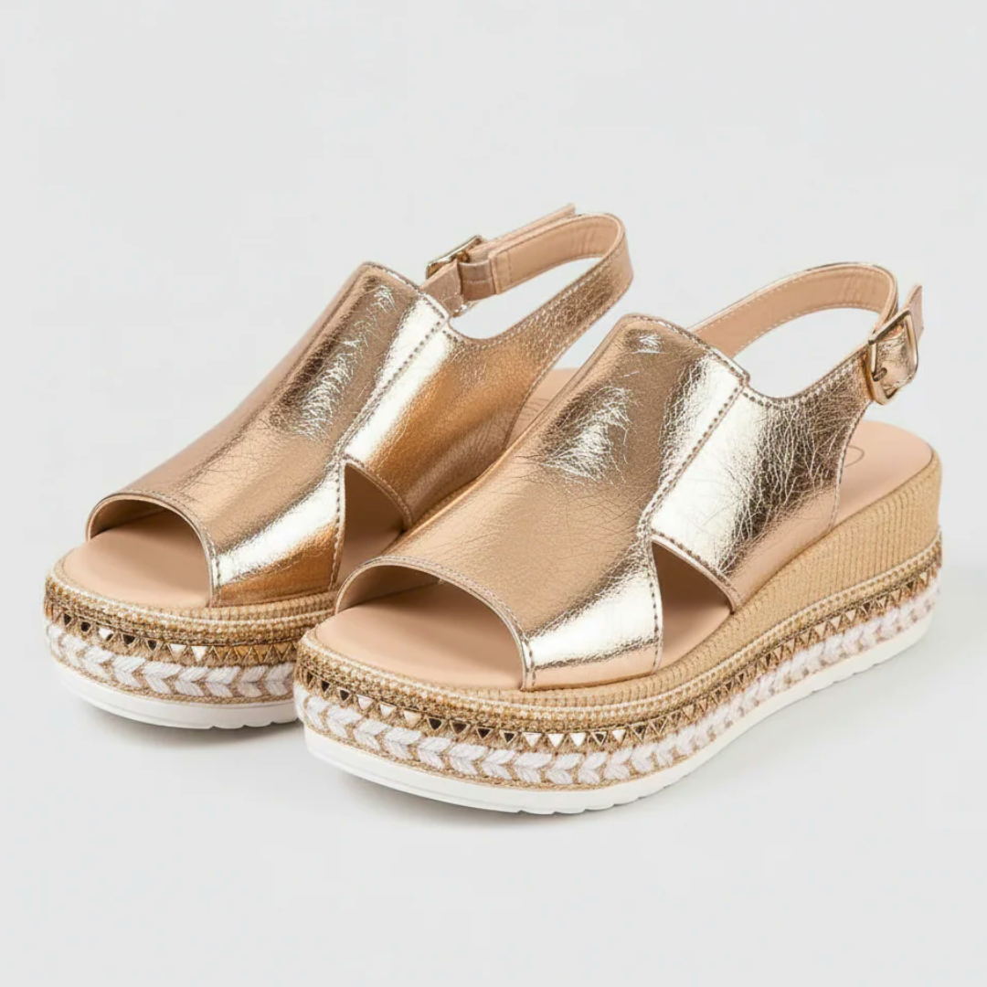 Gold metallic orthopedic platform sandals, open toe, two straps with buckle
