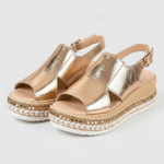 Gold metallic orthopedic platform sandals, open toe, two straps with buckle