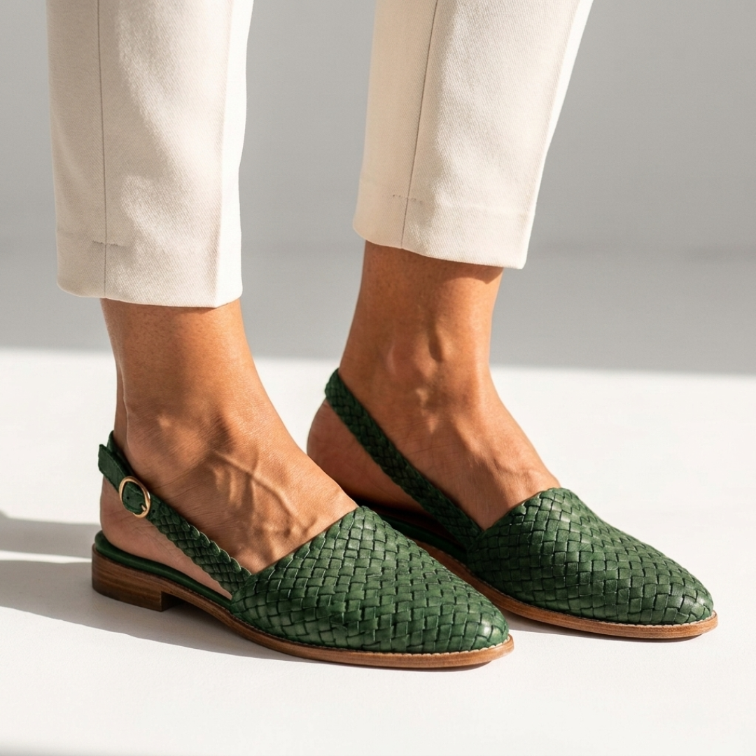 Green woven leather summer loafers with round buckle strap and low wooden heel