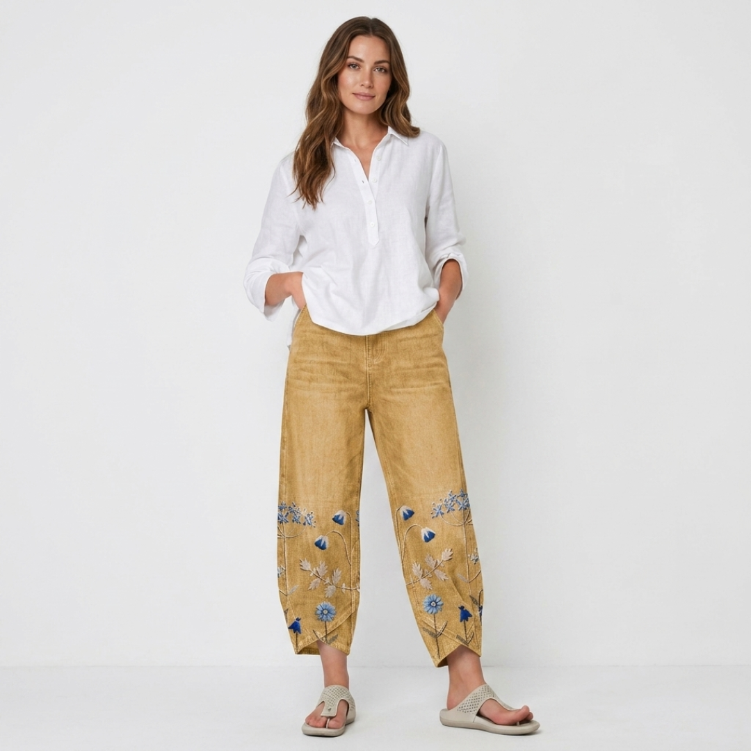 Mustard yellow casual embroidered trousers with floral and butterfly hem embroidery