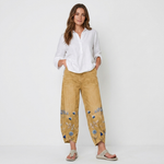 Mustard yellow casual embroidered trousers with floral and butterfly hem embroidery