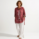 Red button-front shirt with fish graphic, chest pocket, relaxed fit