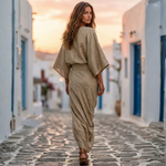 Khaki draped maxi skirt set with loose batwing blouse, side view