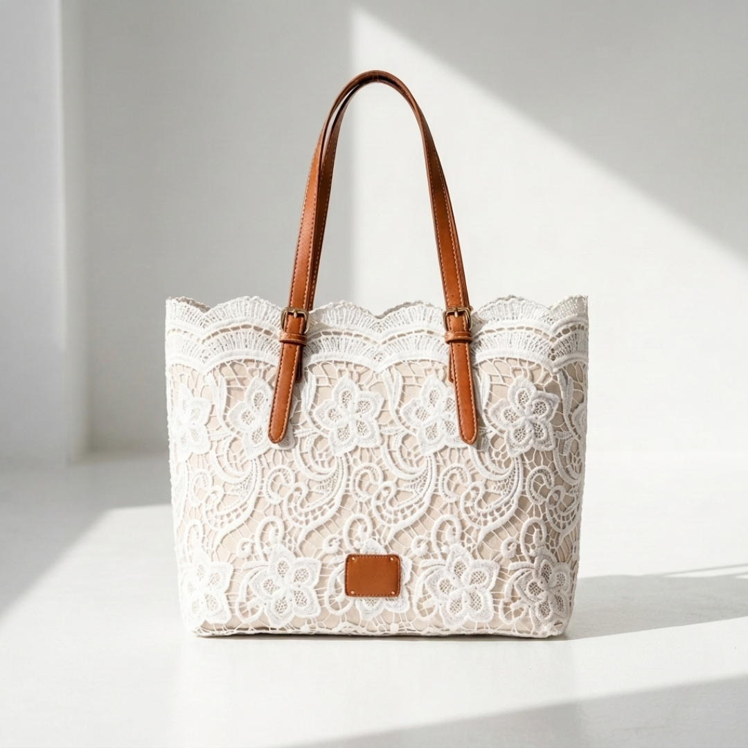 Irina vintage lace shoulder bag, white lace tote with brown leather handles and front patch