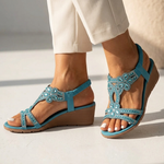 Comfort platform sandals, teal with beaded floral details and ankle strap