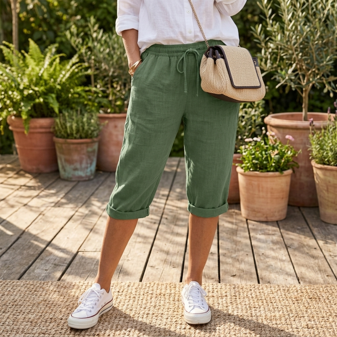 Beatrice cotton drawstring capri shorts, deep green with cuffed hem and pockets