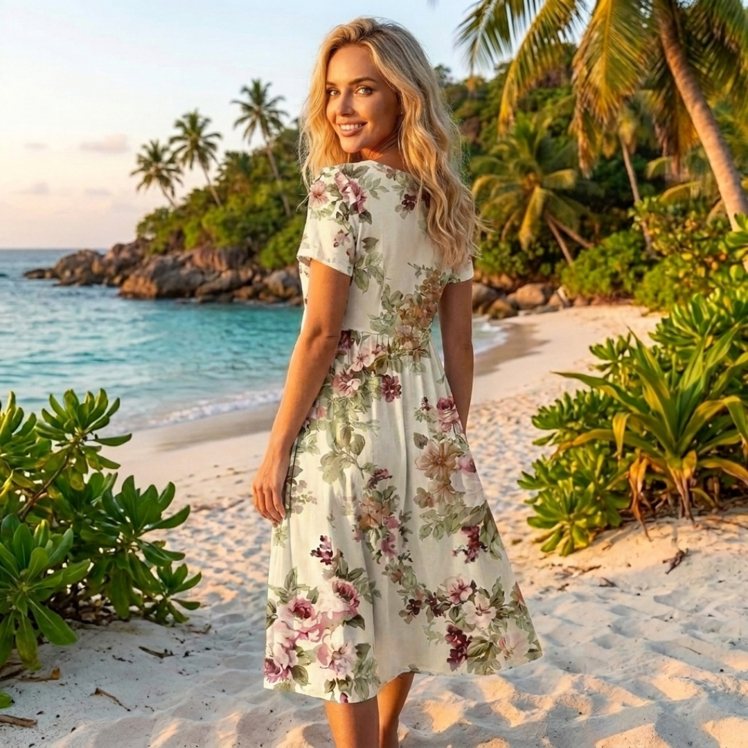 Vintage floral print midi dress, short sleeves, full skirt, cream with multi-color blossoms