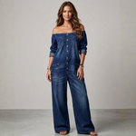 Dark blue denim off-shoulder jumpsuit with deep neckline, button front, wide-leg trousers
