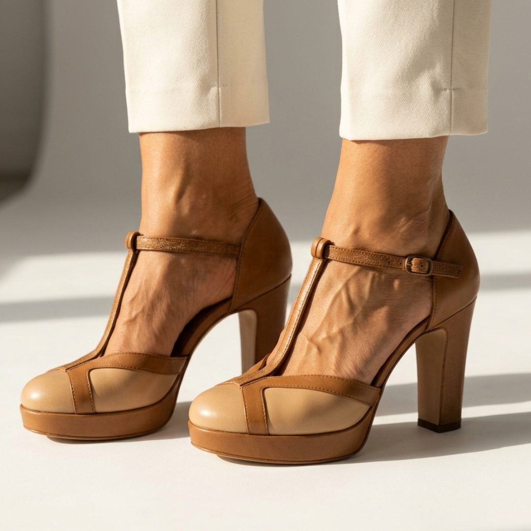 Eva comfort high-heel pumps in brown leather with ankle strap and rounded toe